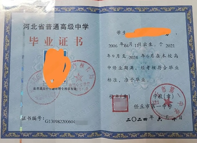 自贡任丘市第一中学高中毕业证样本图片